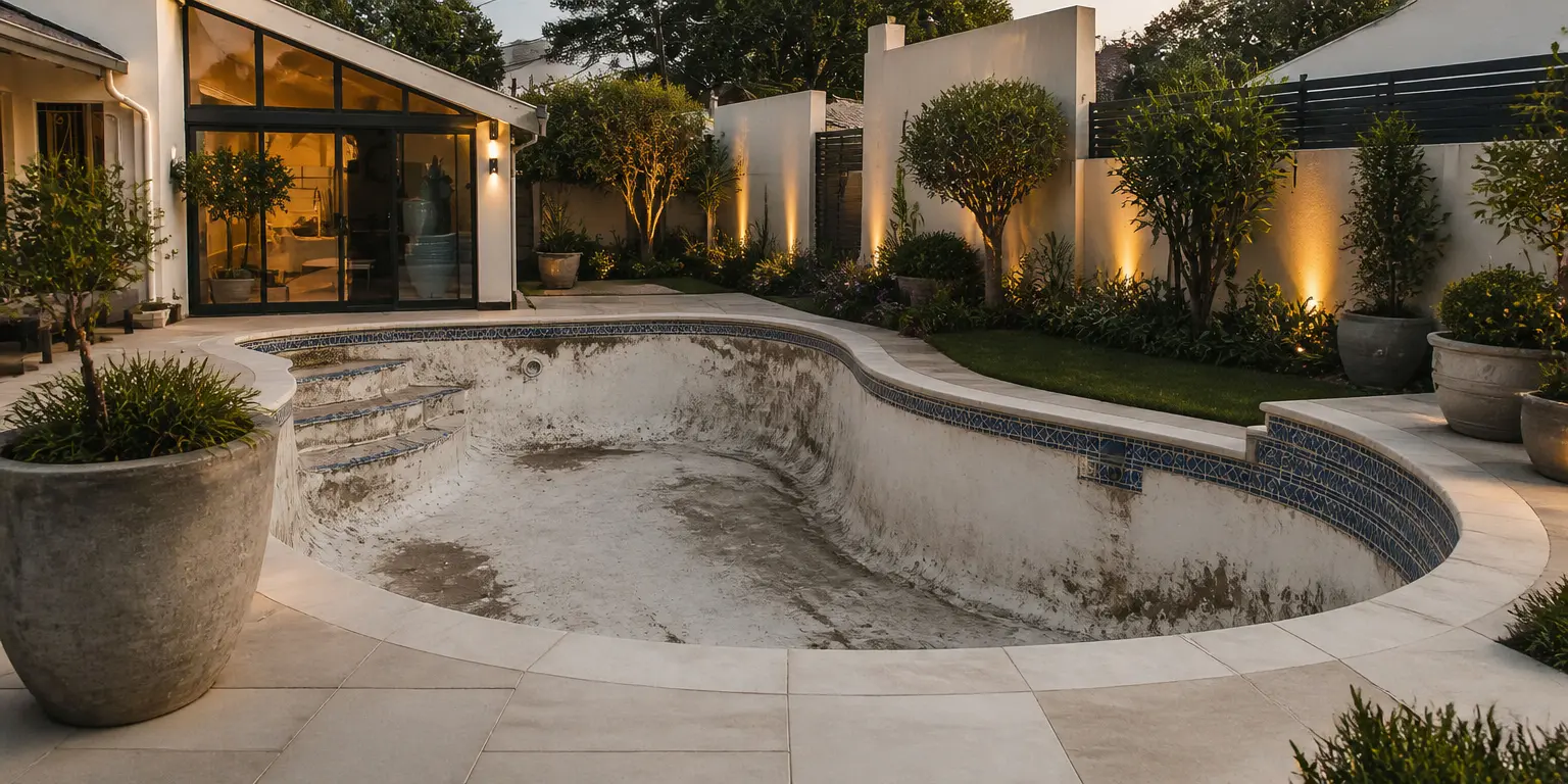 Damaged fibreglass swimming pool before repair