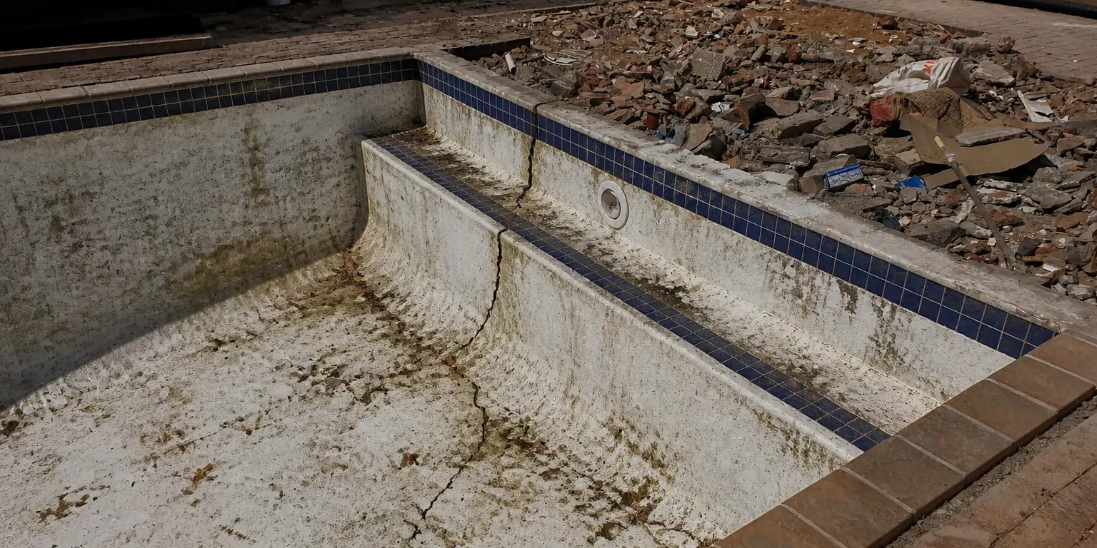 Cracked swimming pool before repair