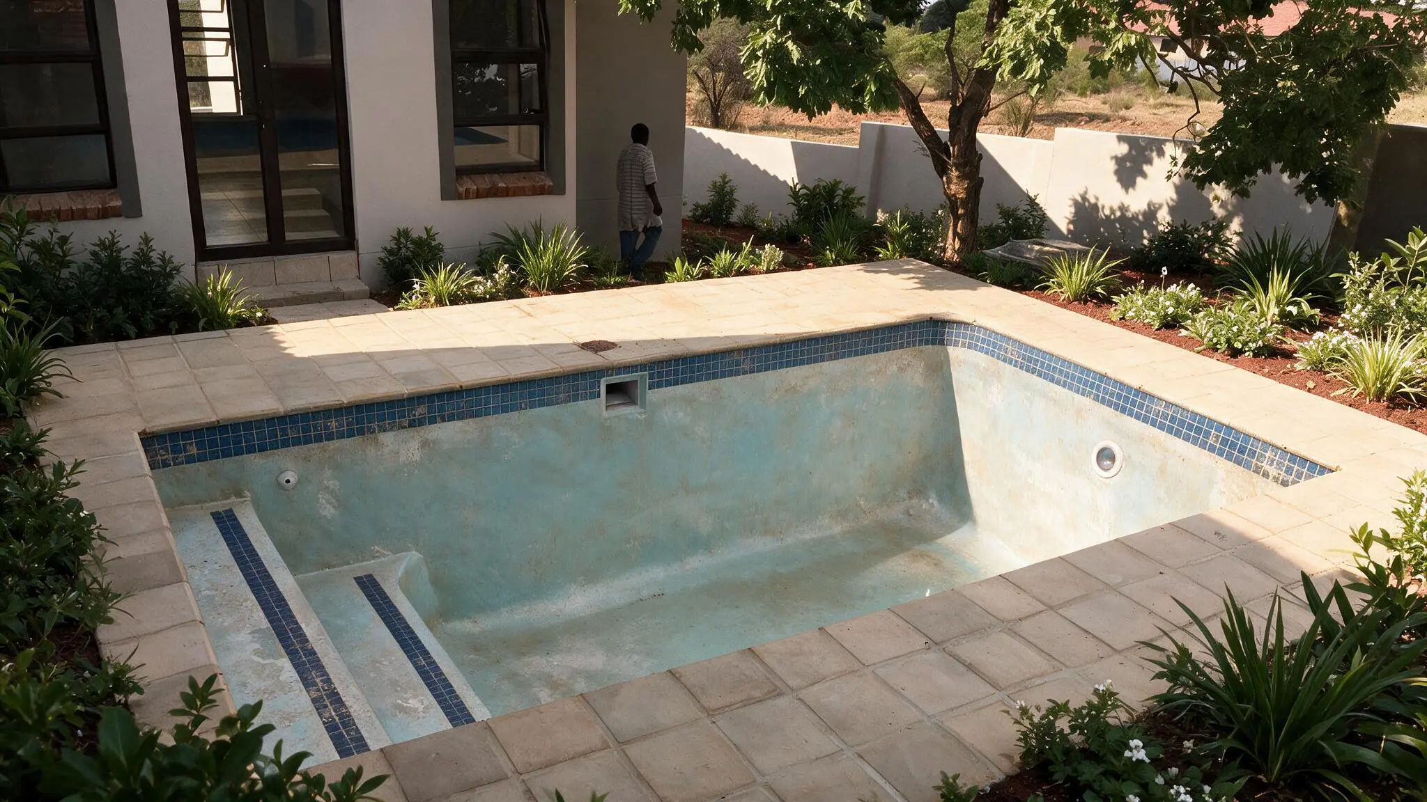 Damaged fibreglass swimming pool before renovation and relining