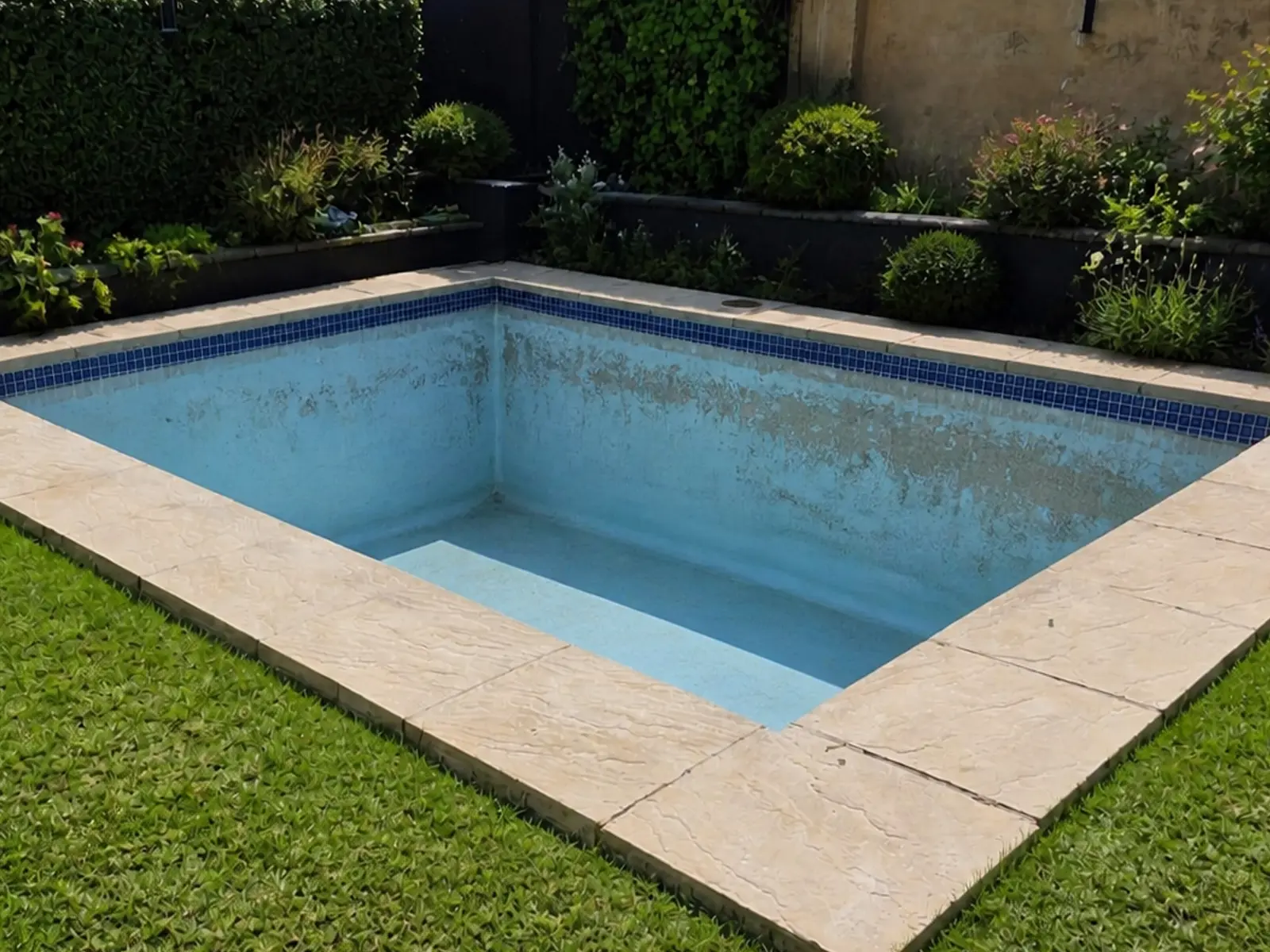 Fibreglass pool undergoing preparation and repair work