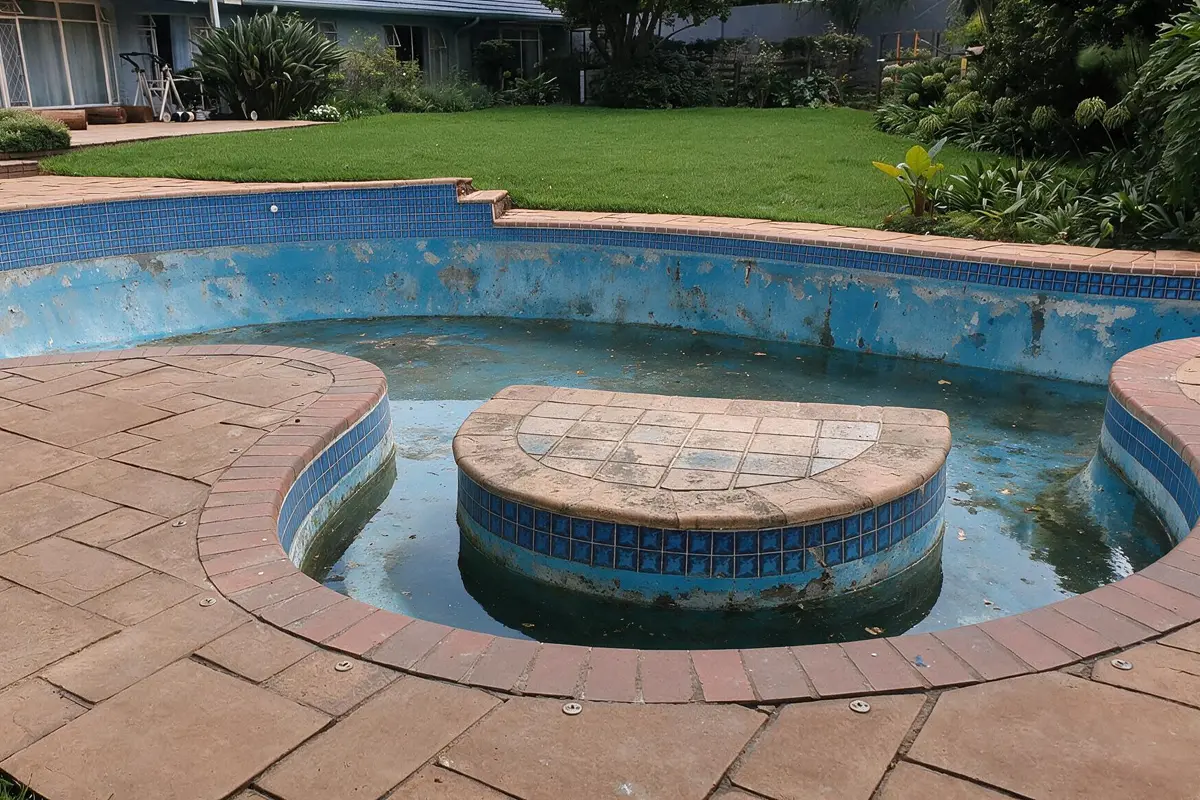 Worn marbelite swimming pool before renovation