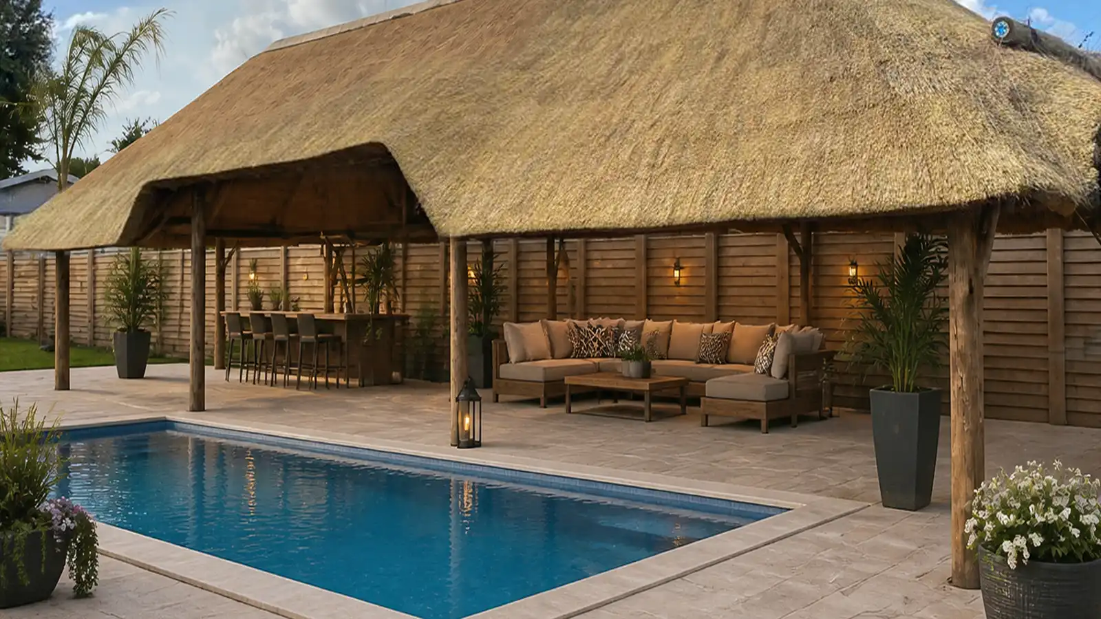 Completed entertainment area with new swimming pool